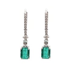 Emerald Cut Emerald 18K Natural Diamond White Gold Drop Earrings