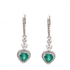 Heart Emerald 18K Natural Diamond White Gold Drop Earrings