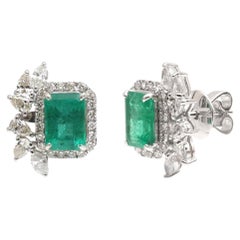 Emerald Halo 18K Natural Diamond White Stud Earrings