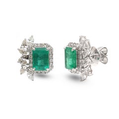 Emerald Halo 18K Natural Diamond White Stud Earrings