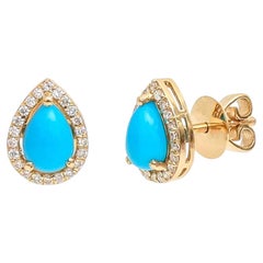 Pear Turquoise Halo 14K (18K Custom) Natural Diamond Yellow Gold Stud Earrings