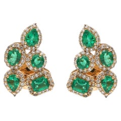 Emerald Cluster 18K Natural Diamond Yellow Gold Stud Earrings