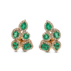 Emerald Cluster 18K Natural Diamond Yellow Gold Stud Earrings