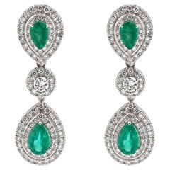 Emerald Dangle 18K Natural Diamond White Gold Earrings