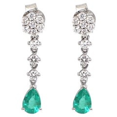 Emerald Dangle 18K Natural Diamond White Gold Drop Earrings