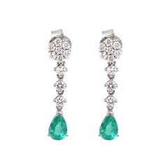 Emerald Dangle 18K Natural Diamond White Gold Drop Earrings