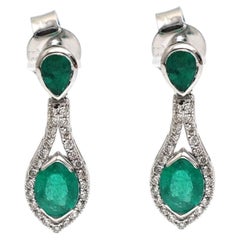 Emerald Diamond Halo 18K White Gold Drop Earrings