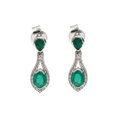 Emerald Diamond Halo 18K White Gold Drop Earrings