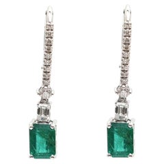 Emerald Cut Emerald 18K Natural Diamond White Drop Earrings