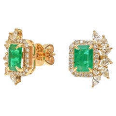 Emerald & Natural Diamond 18K Halo Stud Earrings in Yellow Gold