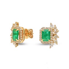Emerald & Natural Diamond 18K Halo Stud Earrings in Yellow Gold