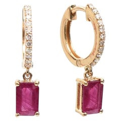 Ruby 18K Natural Diamond Yellow Gold Hoop Drop Earrings