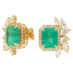 Emerald Cut Emerald 18K Natural Diamond Yellow Gold Stud Earrings