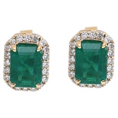 Emerald Diamond Halo 18K Yellow Gold Stud Earrings
