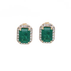 Emerald Diamond Halo 18K Yellow Gold Stud Earrings