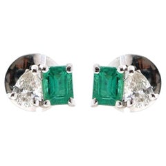 Emerald Pear Cut 18K Natural Diamond White Gold Two-Stone Stud Earrings