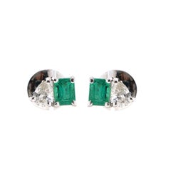 Emerald Pear Cut 18K Natural Diamond White Gold Two-Stone Stud Earrings