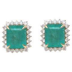 Square Emerald Halo 14K (18K custom) Natural Diamond Yellow Gold Stud Earrings