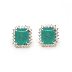 Square Emerald Halo 14K (18K custom) Natural Diamond Yellow Gold Stud Earrings