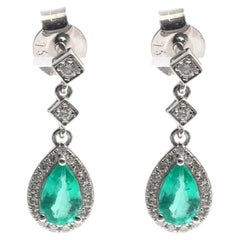 Emerald Halo 18K Natural White Gold Drop Earrings