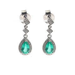 Emerald Halo 18K Natural White Gold Drop Earrings
