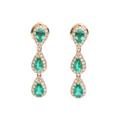 Emerald Diamond Halo 18K Yellow Gold Drop Earrings
