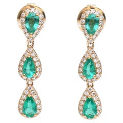 Emerald Diamond Halo 18K Yellow Gold Drop Earrings