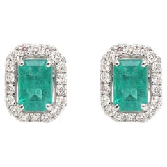 Emerald Cut Emerald 14K (18k custom) Natural Diamond White Gold Halo Stud Earrin