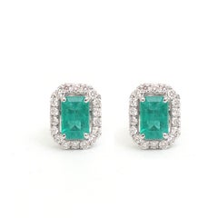 Emerald Cut Emerald 14K (18k custom) Natural Diamond White Gold Halo Stud Earrin
