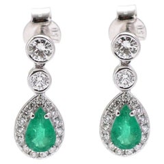 Emerald Luxe Halo 18K Natural Diamond White Gold Drop Earrings