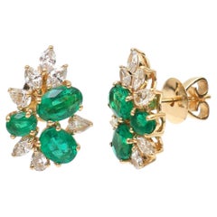 Emerald Cluster 18K Natural Diamond Yellow Gold Stud Earrings