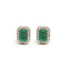 Emerald Regal Halo 18K Natural Diamond Yellow Gold Stud Earrings