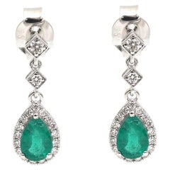 Emerald Aurora Halo 18K Natural Diamond White Gold Drop Earrings