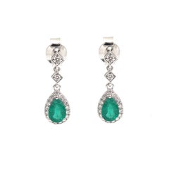 Emerald Aurora Halo 18K Natural Diamond White Gold Drop Earrings