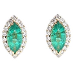 Emerald Marquise Halo 18K Natural Diamond White Gold Stud Earrings