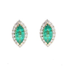 Emerald Marquise Halo 18K Natural Diamond White Gold Stud Earrings