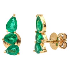 Emerald Three-Stone 18K Yellow Gold Climber Stud Earrings
