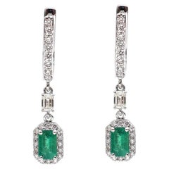 Emerald Serenity Halo 18K Natural Diamond White Gold Drop Earrings