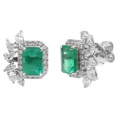 Emerald Luxe Halo 18K Natural Diamond White Gold Stud Earrings