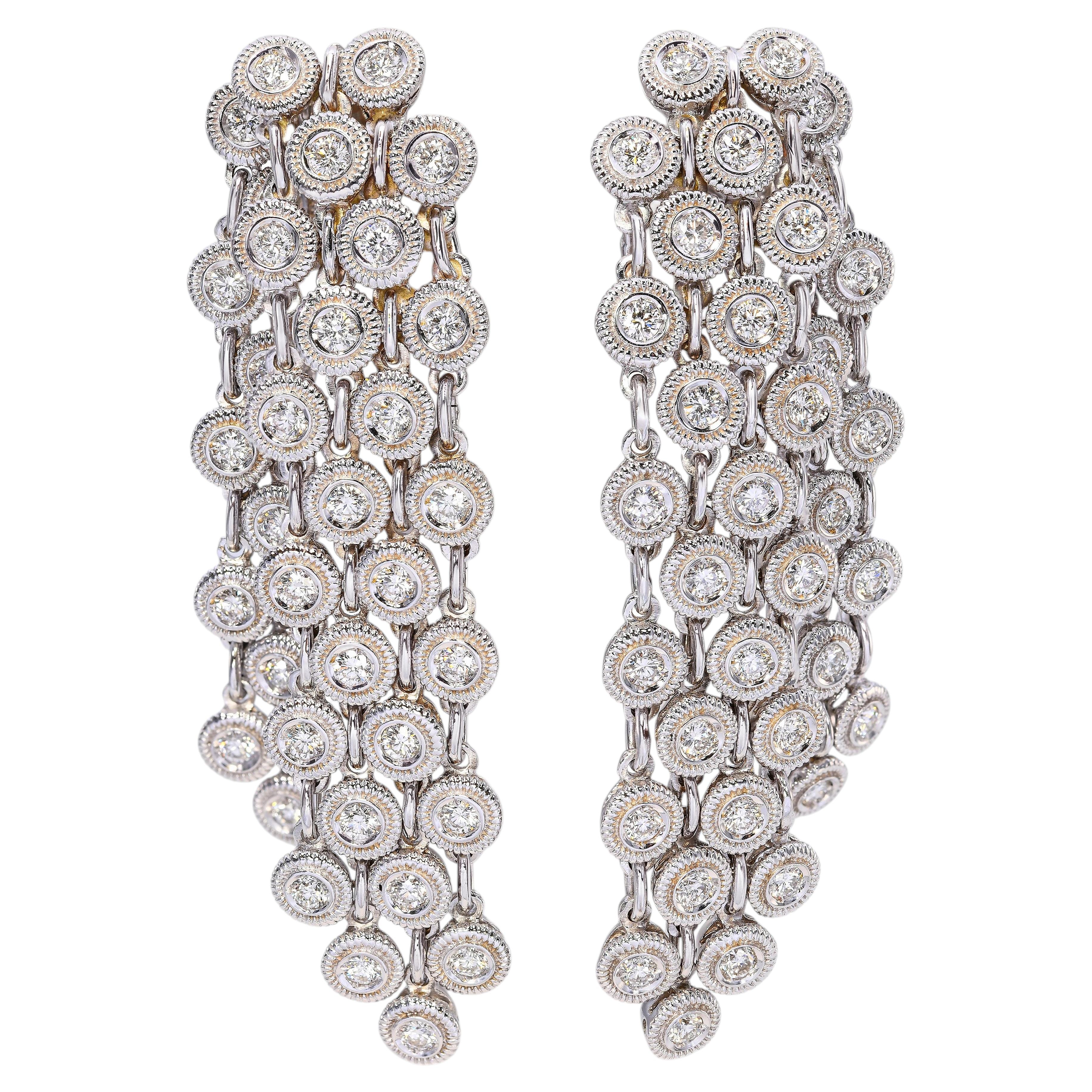 18k White Gold 2.10ctw Diamond Multistrand Cable Chain Clip on Drop Earrings For Sale