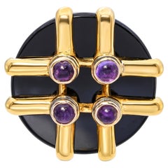 Vintage Aldo Cipullo 1974 18k Yellow Gold Onyx & Amethyst Brooch