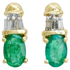 Vintage 14k Yellow Gold Emerald and Diamond Baguette Stud Earrings