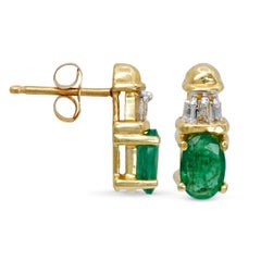 Vintage 14k Yellow Gold Emerald and Diamond Baguette Stud Earrings