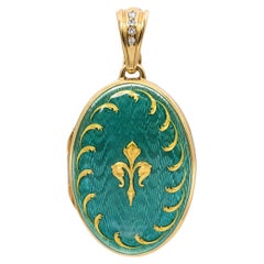 Faberge by Victor Mayer 18k Yellow Gold Fleur Di Lis Guilloche Enamel Locket