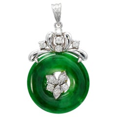 Vintage 14k White Gold Jadeite Jade and Diamond Donut Pendant