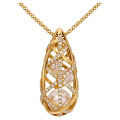 Collana vintage con ciondolo a goccia in oro giallo 18 carati con perla Mikimoto e diamanti