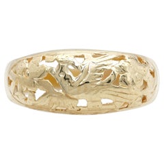 Vintage Mings 14k Yellow Gold Openwork Birds in Plum Motif Domed Band Ring