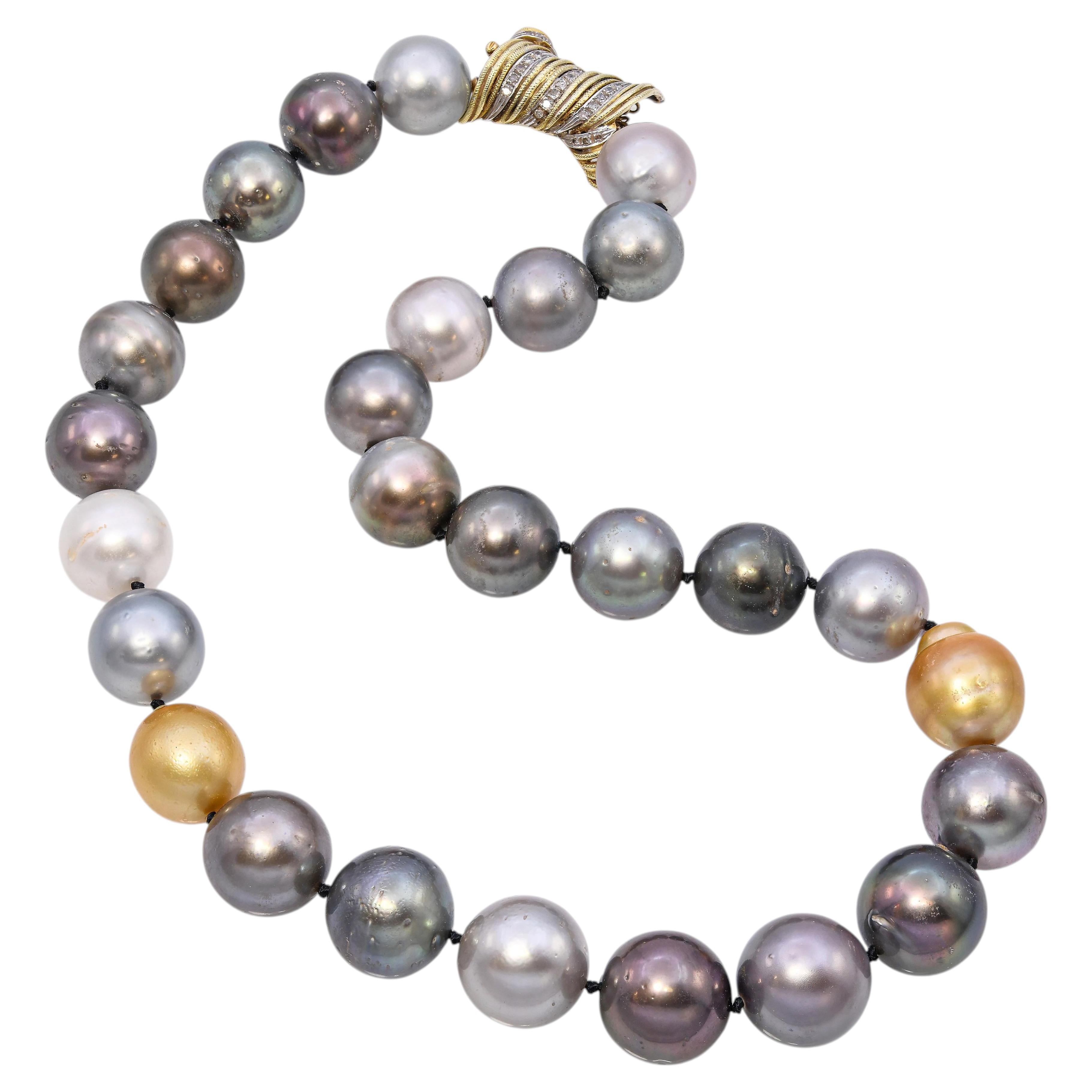 15mm Multi Color South Sea Pearl Necklace with 14k Yellow Gold & Diamond Clasp
