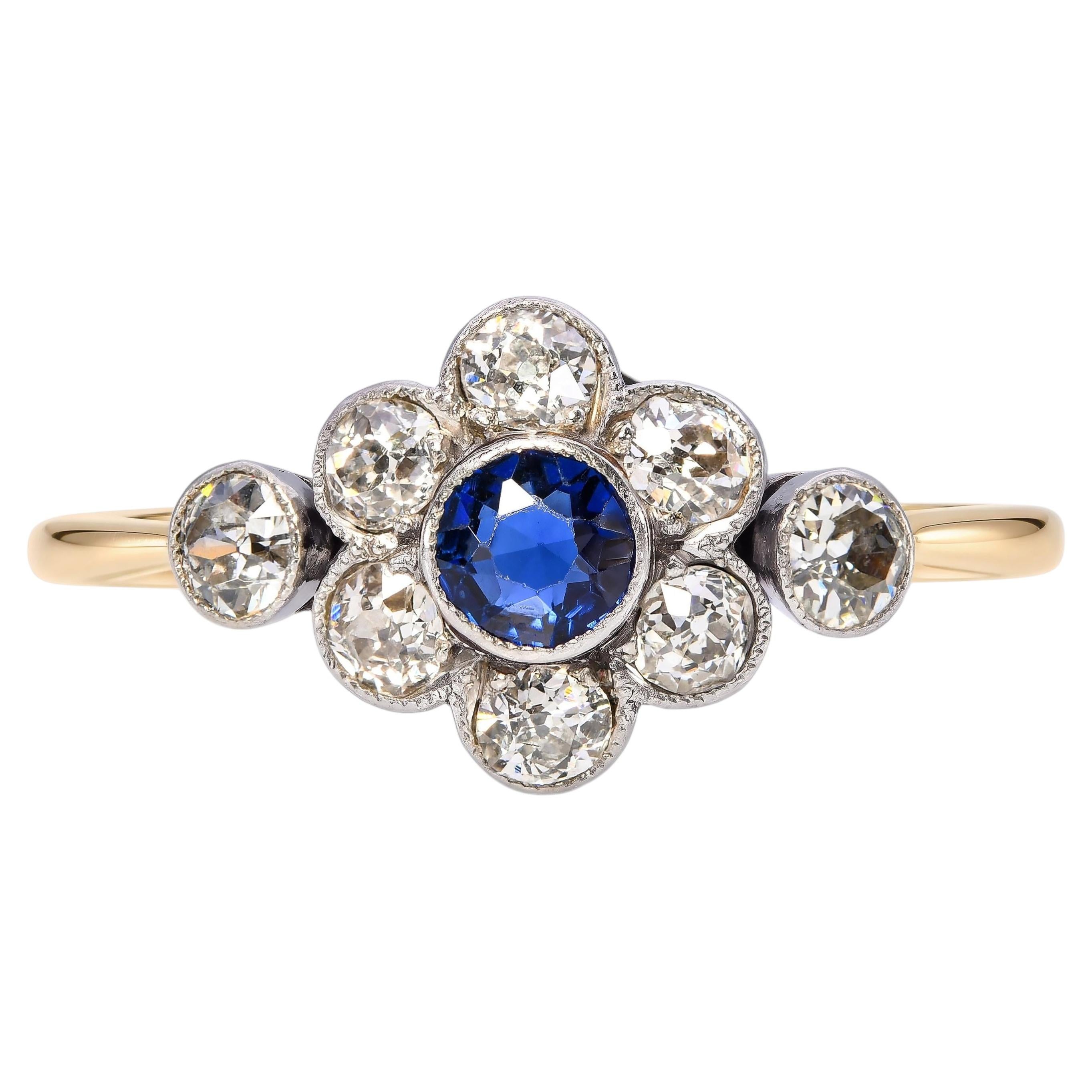 Anillo antiguo de oro amarillo de 18 quilates con zafiro azul real y diamantes, con la parte superior de plata