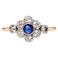 Antique Silver Topped 18k Yellow Gold Royal Blue Sapphire and Diamond Ring